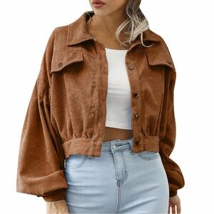 Womens Corduroy Button-Front Crop Jacket - khaki